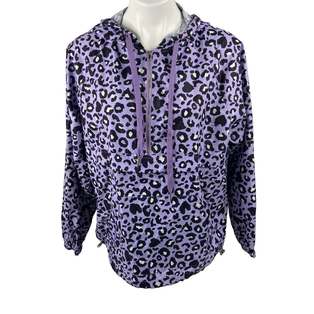 Main Strip Women Medium Windbreaker Purple Leopard Print Packable Hooded NWT